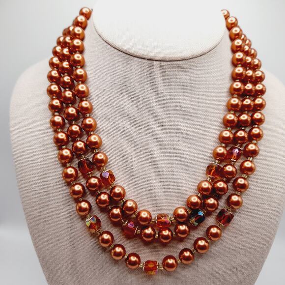 Vintage Japan 1950s Copper Pearl Necklace 3-Strand w/ Topaz Crystals, 18" - Picture 3 of 11
